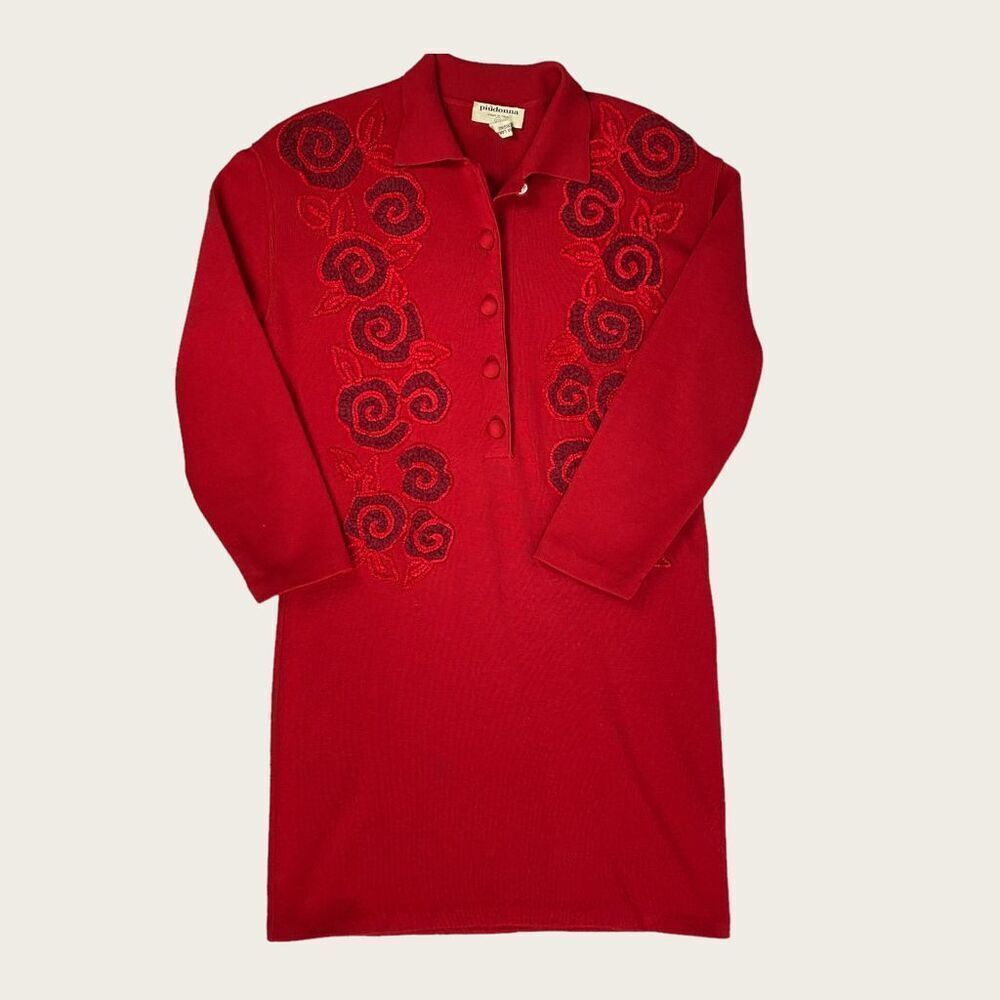 Rare Piudonna Red Virgin Wool Crewelwork Dress